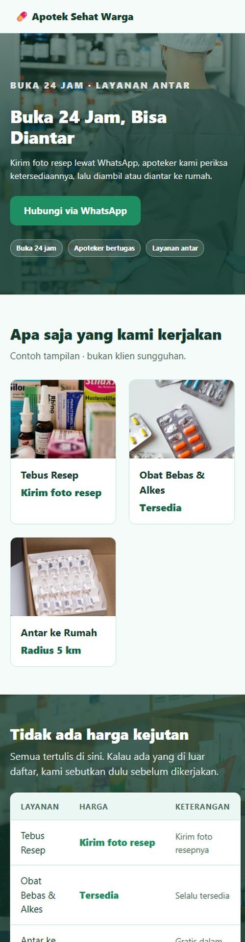 Tampilan website apotek di layar HP