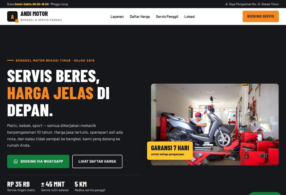 Tangkapan layar demo Bengkel Andi Motor di layar komputer — jenis servis dan alamat, contoh tampilan