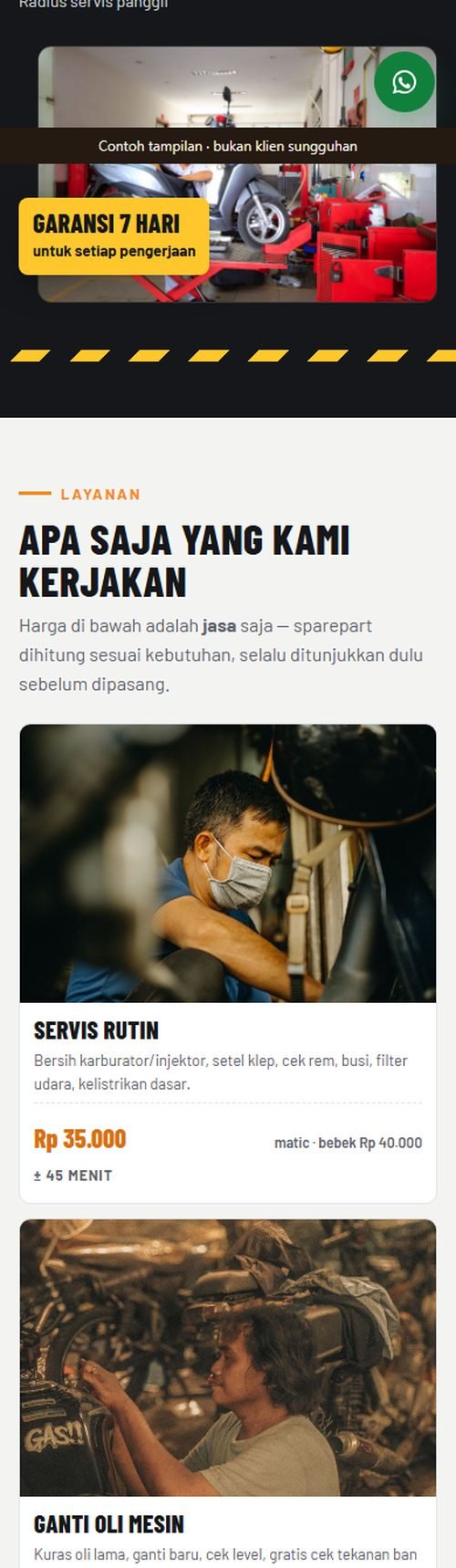 Bagian layanan dan harga website bengkel motor & mobil dilihat dari HP