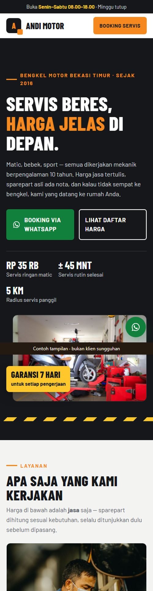 Tampilan website bengkel motor & mobil di layar HP