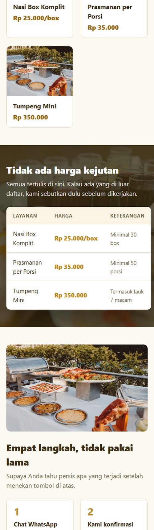 Bagian layanan dan harga website katering & nasi kotak dilihat dari HP