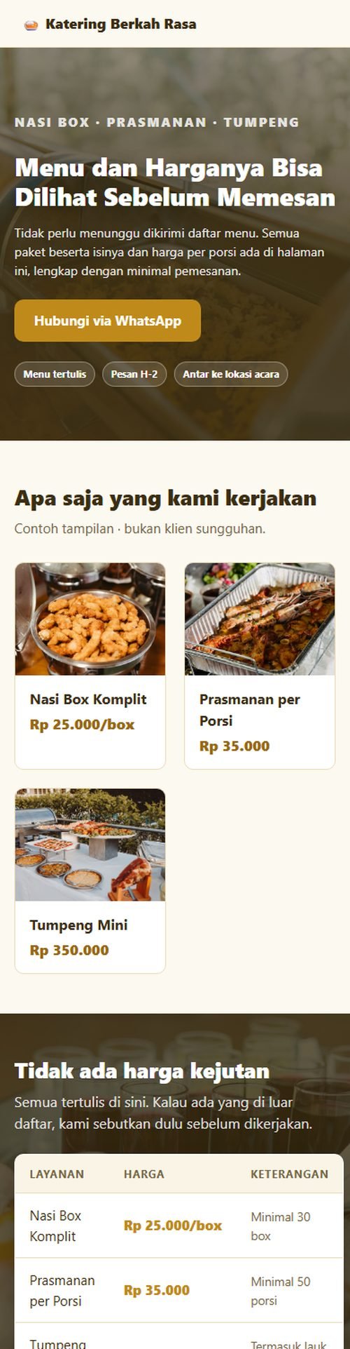 Tampilan website katering & nasi kotak di layar HP