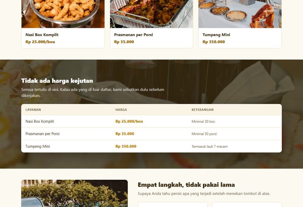 Bagian layanan dan harga pada website katering & nasi kotak