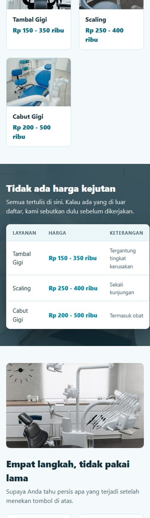 Bagian layanan dan harga website klinik & praktik dokter gigi dilihat dari HP