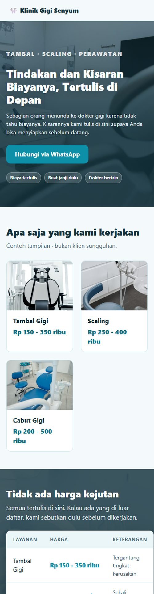 Tampilan website klinik & praktik dokter gigi di layar HP