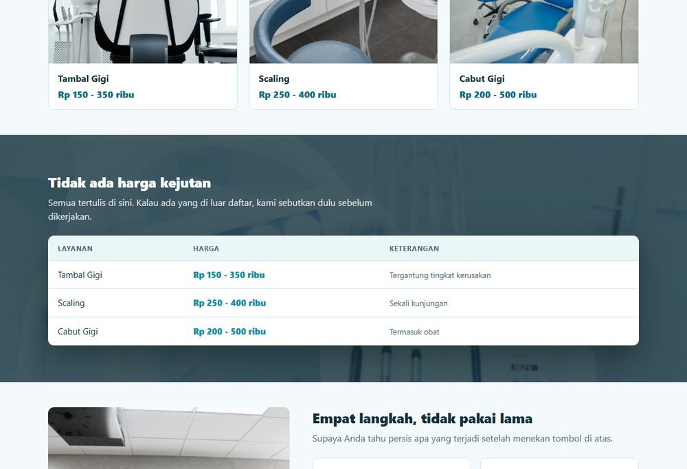 Bagian layanan dan harga pada website klinik & praktik dokter gigi