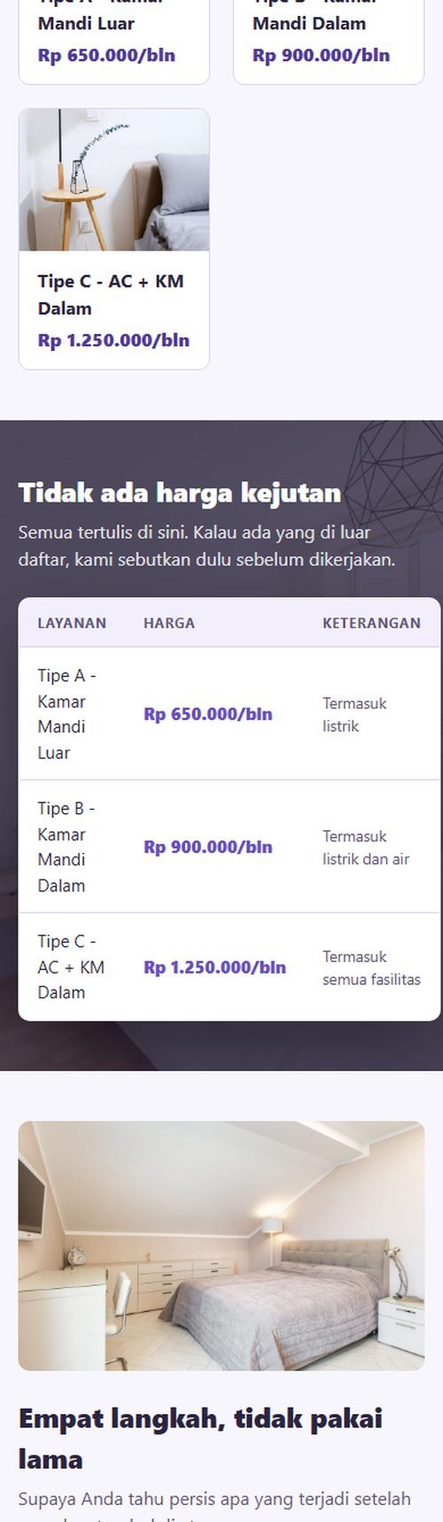 Bagian layanan dan harga website kos & kontrakan dilihat dari HP