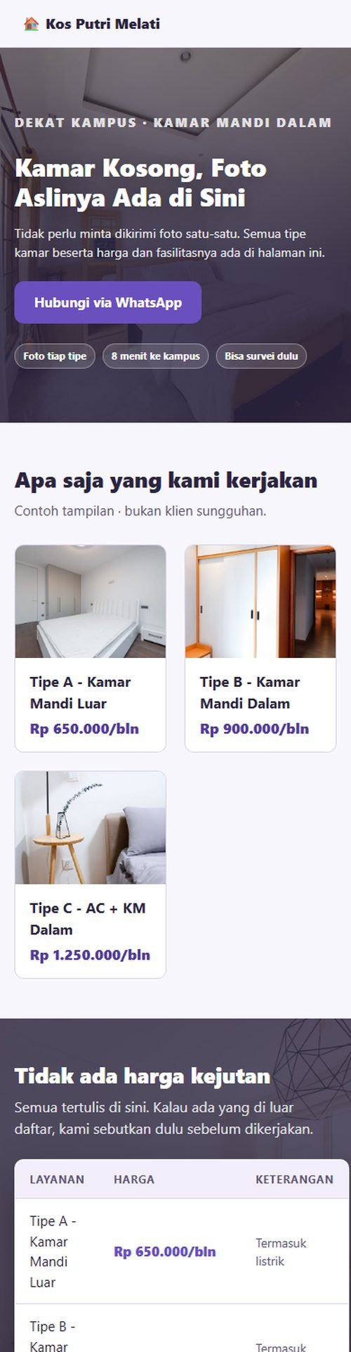 Tampilan website kos & kontrakan di layar HP