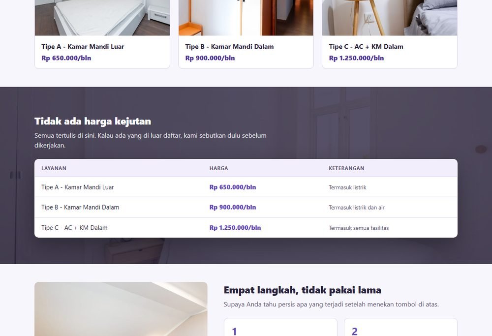 Bagian layanan dan harga pada website kos & kontrakan