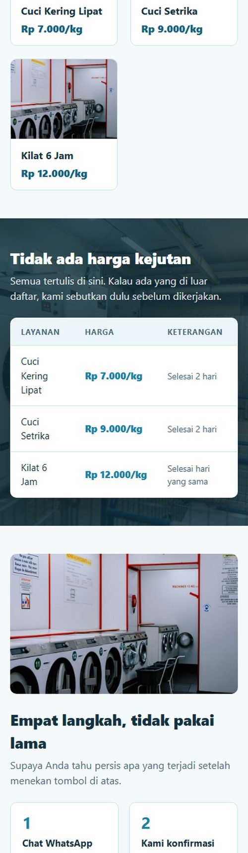 Bagian layanan dan harga website laundry & cuci sepatu dilihat dari HP