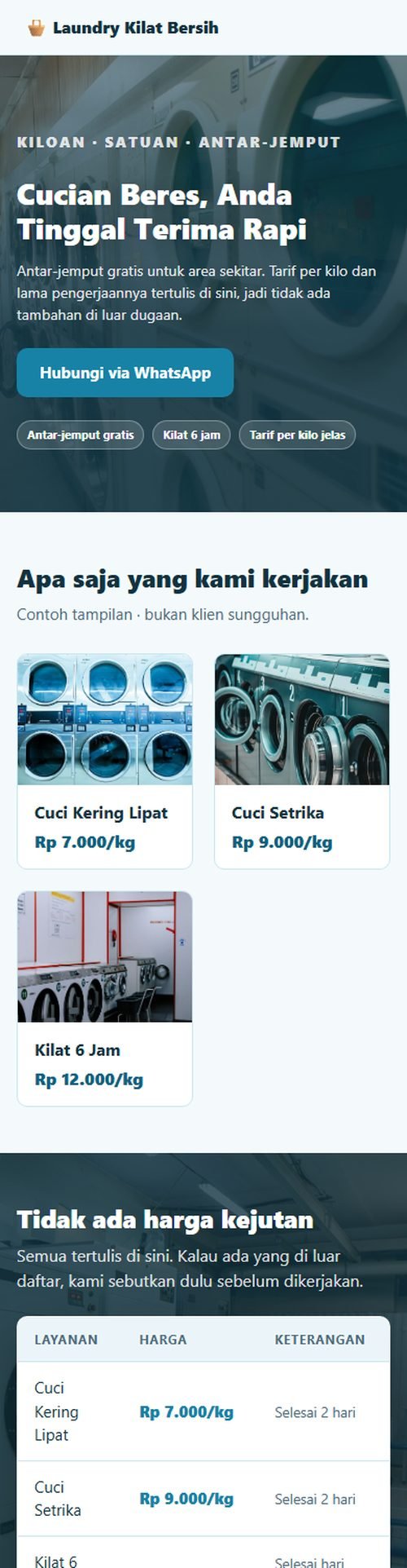 Tampilan website laundry & cuci sepatu di layar HP
