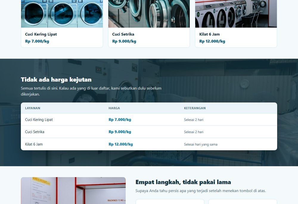 Bagian layanan dan harga pada website laundry & cuci sepatu