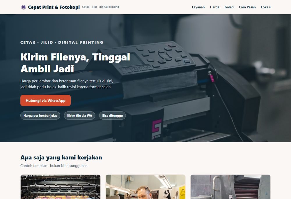 Tampilan website fotokopi, percetakan & digital printing di layar komputer
