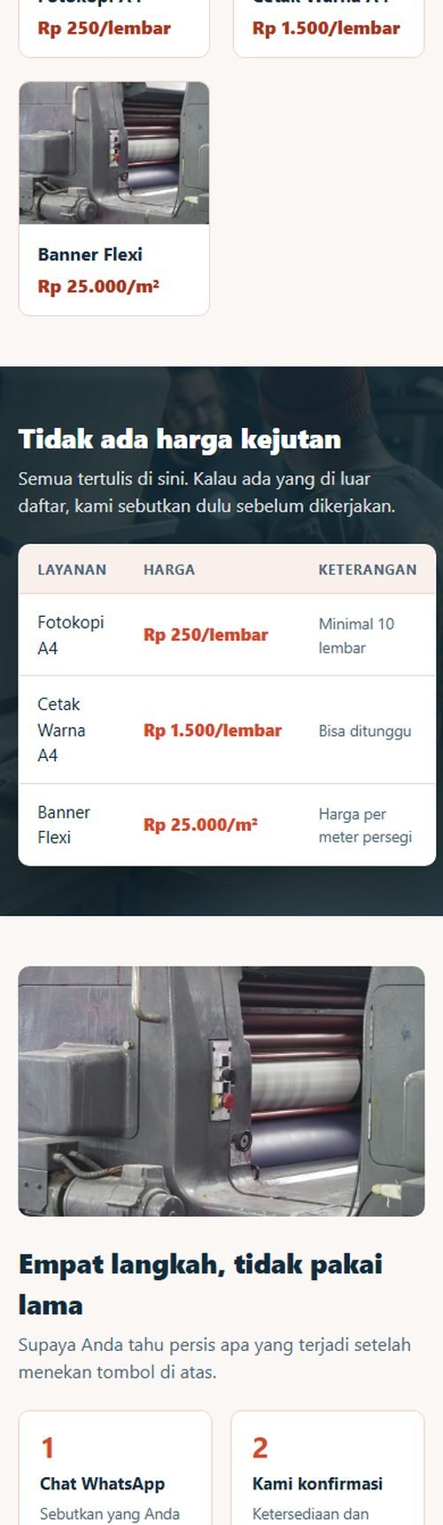 Bagian layanan dan harga website fotokopi, percetakan & digital printing dilihat dari HP
