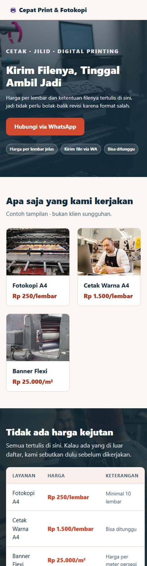 Tampilan website fotokopi, percetakan & digital printing di layar HP