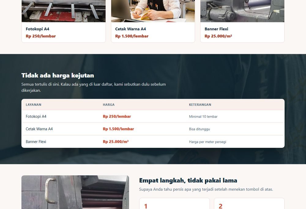 Bagian layanan dan harga pada website fotokopi, percetakan & digital printing