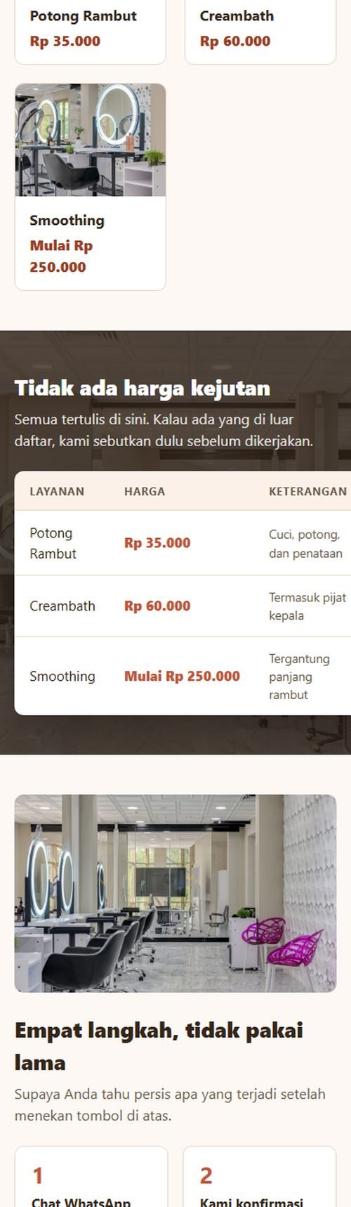 Bagian layanan dan harga website salon & barbershop dilihat dari HP