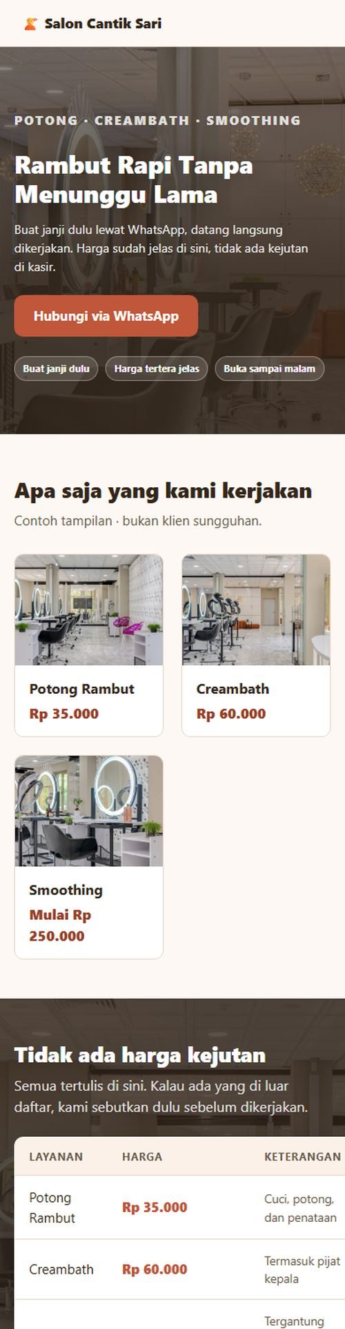 Tampilan website salon & barbershop di layar HP