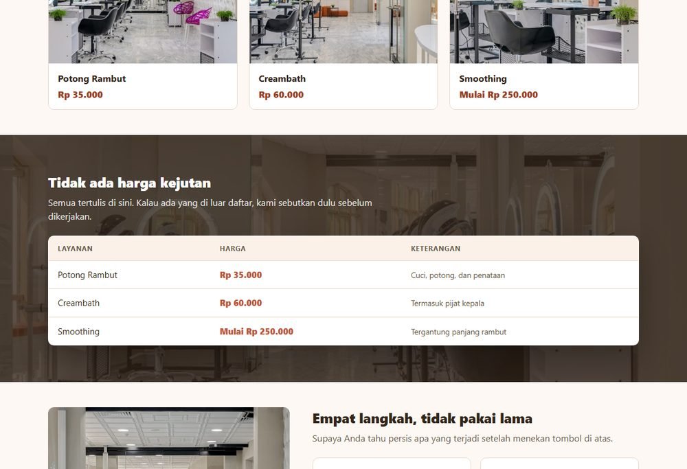 Bagian layanan dan harga pada website salon & barbershop