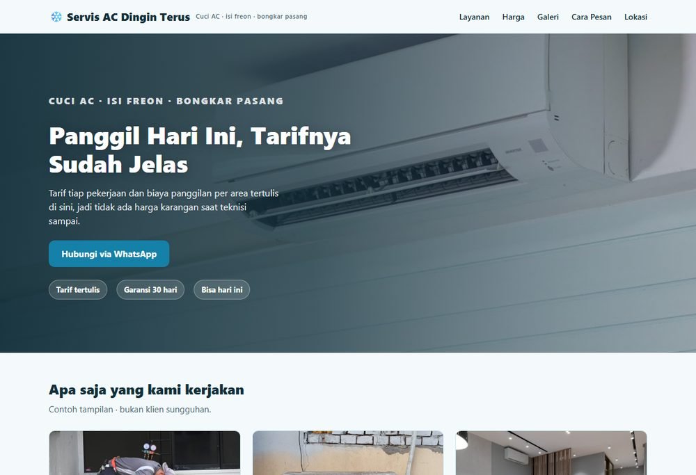 Tampilan website servis ac & elektronik di layar komputer