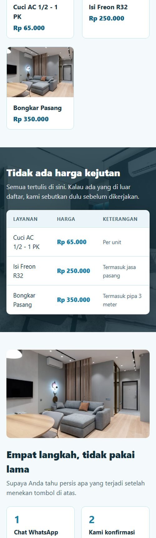 Bagian layanan dan harga website servis ac & elektronik dilihat dari HP