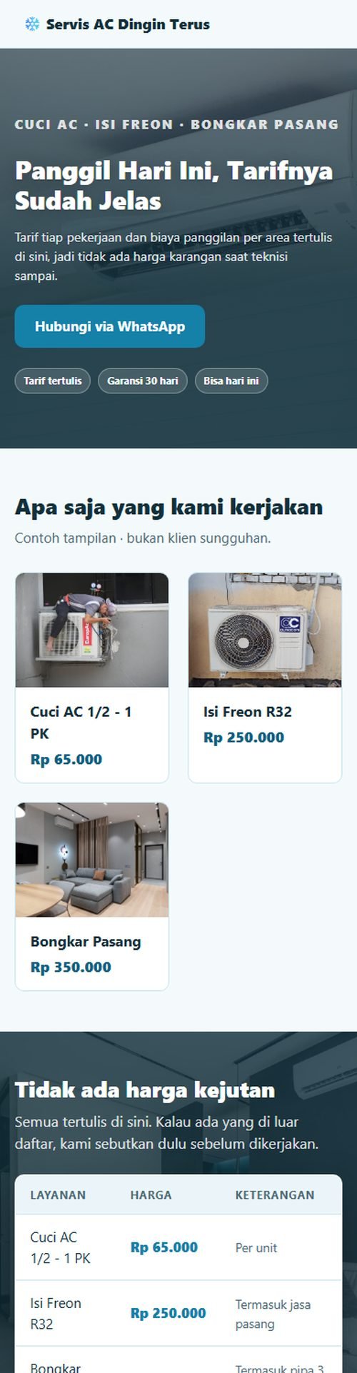 Tampilan website servis ac & elektronik di layar HP