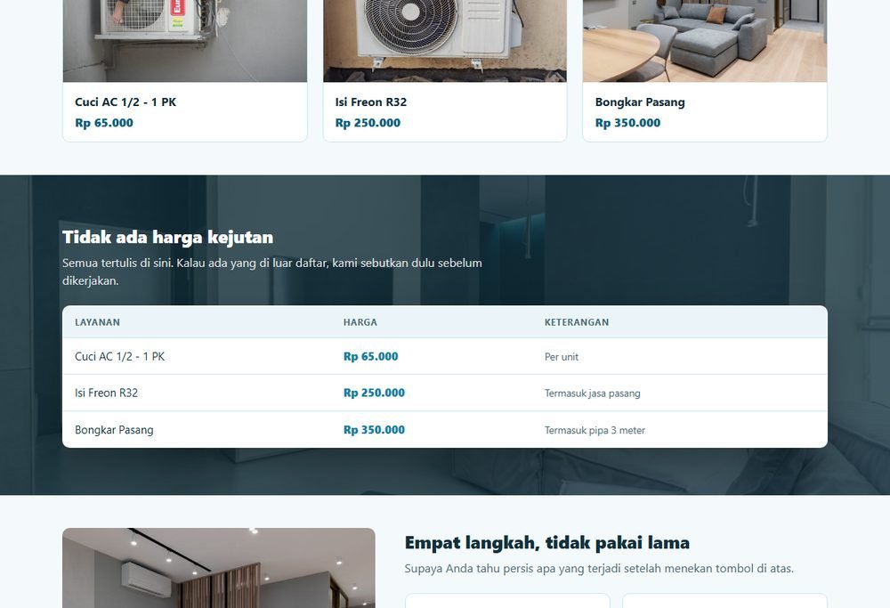Bagian layanan dan harga pada website servis ac & elektronik