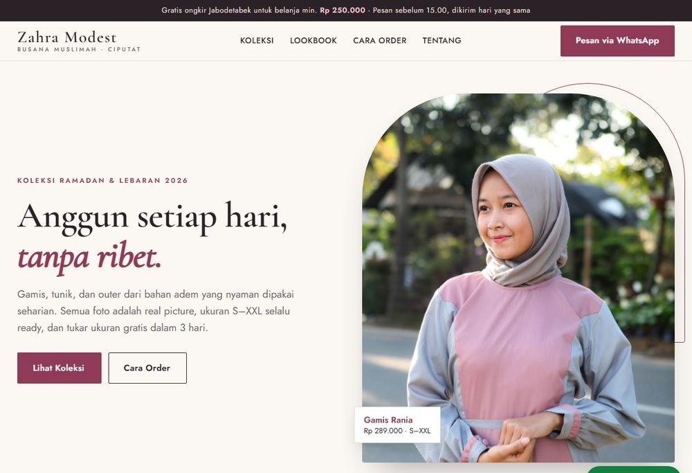 Tangkapan layar demo Zahra Modest di layar komputer — katalog produk hijab/gamis, contoh tampilan