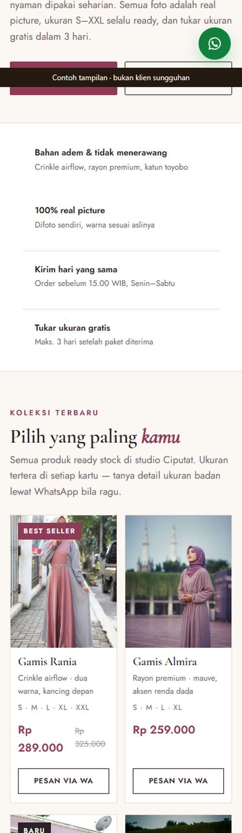Bagian layanan dan harga website toko baju & fashion dilihat dari HP