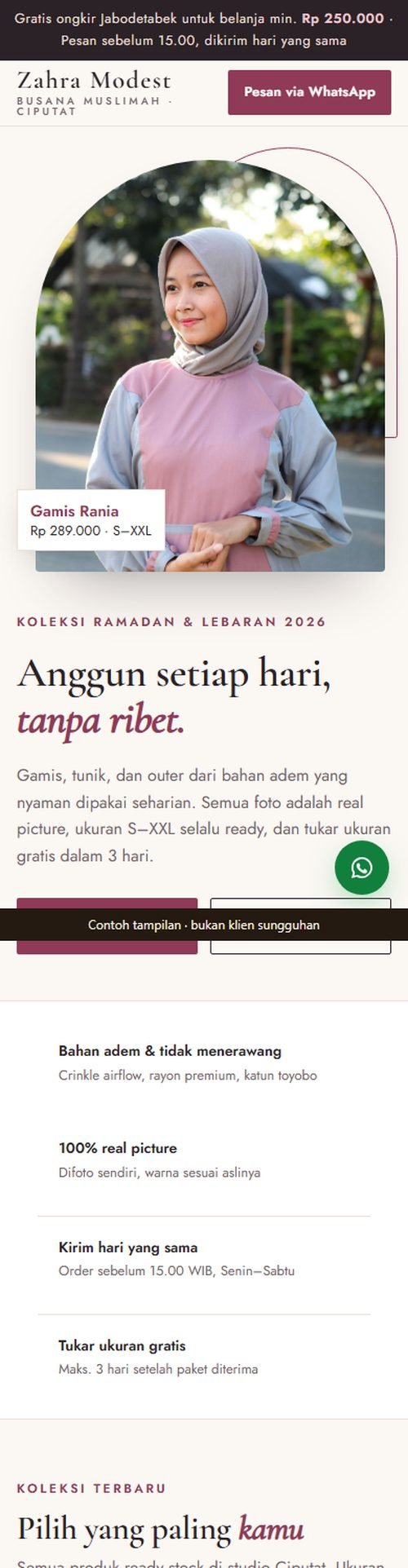 Tampilan website toko baju & fashion di layar HP