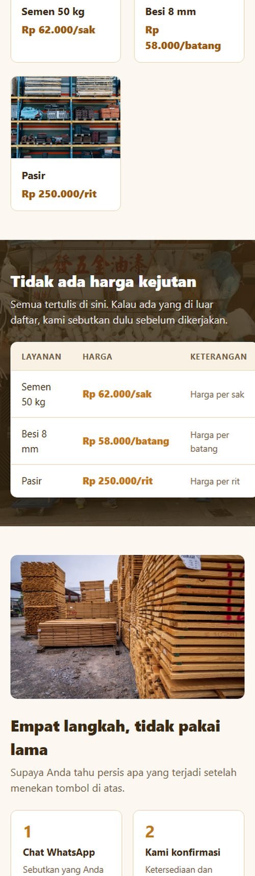 Bagian layanan dan harga website toko bangunan & material dilihat dari HP