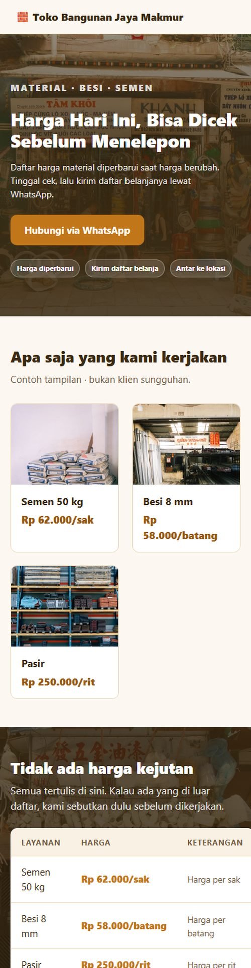 Tampilan website toko bangunan & material di layar HP