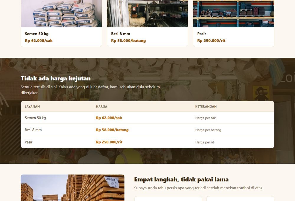 Bagian layanan dan harga pada website toko bangunan & material