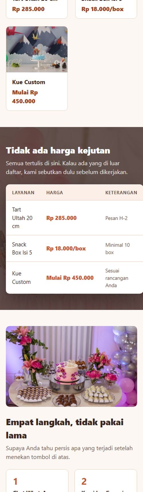 Bagian layanan dan harga website toko kue & bakery dilihat dari HP