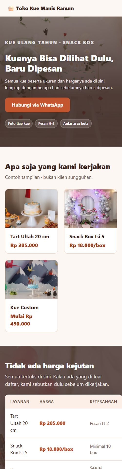 Tampilan website toko kue & bakery di layar HP