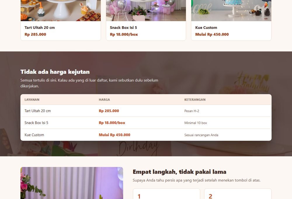 Bagian layanan dan harga pada website toko kue & bakery