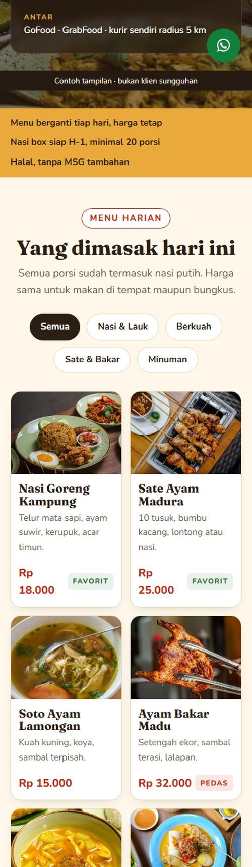 Bagian layanan dan harga website warung & rumah makan dilihat dari HP
