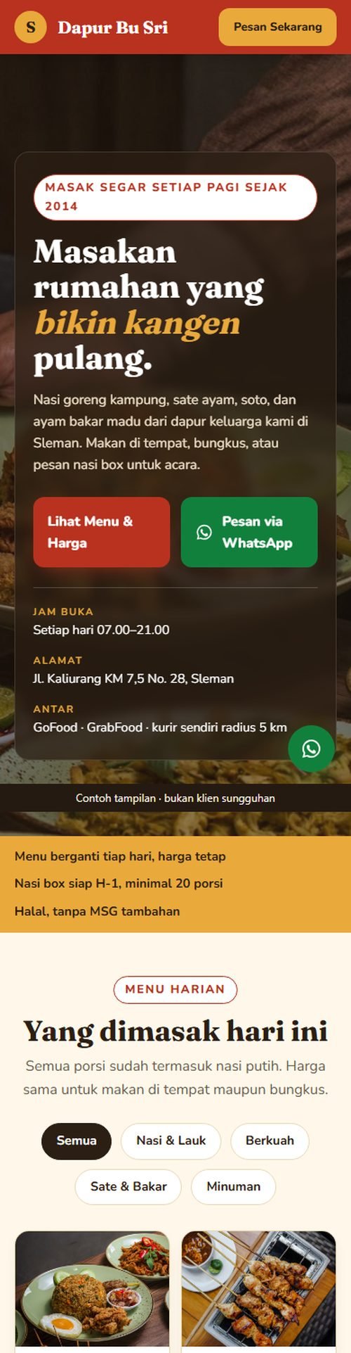 Tangkapan layar demo Dapur Bu Sri di layar HP — contoh tampilan, bukan klien sungguhan
