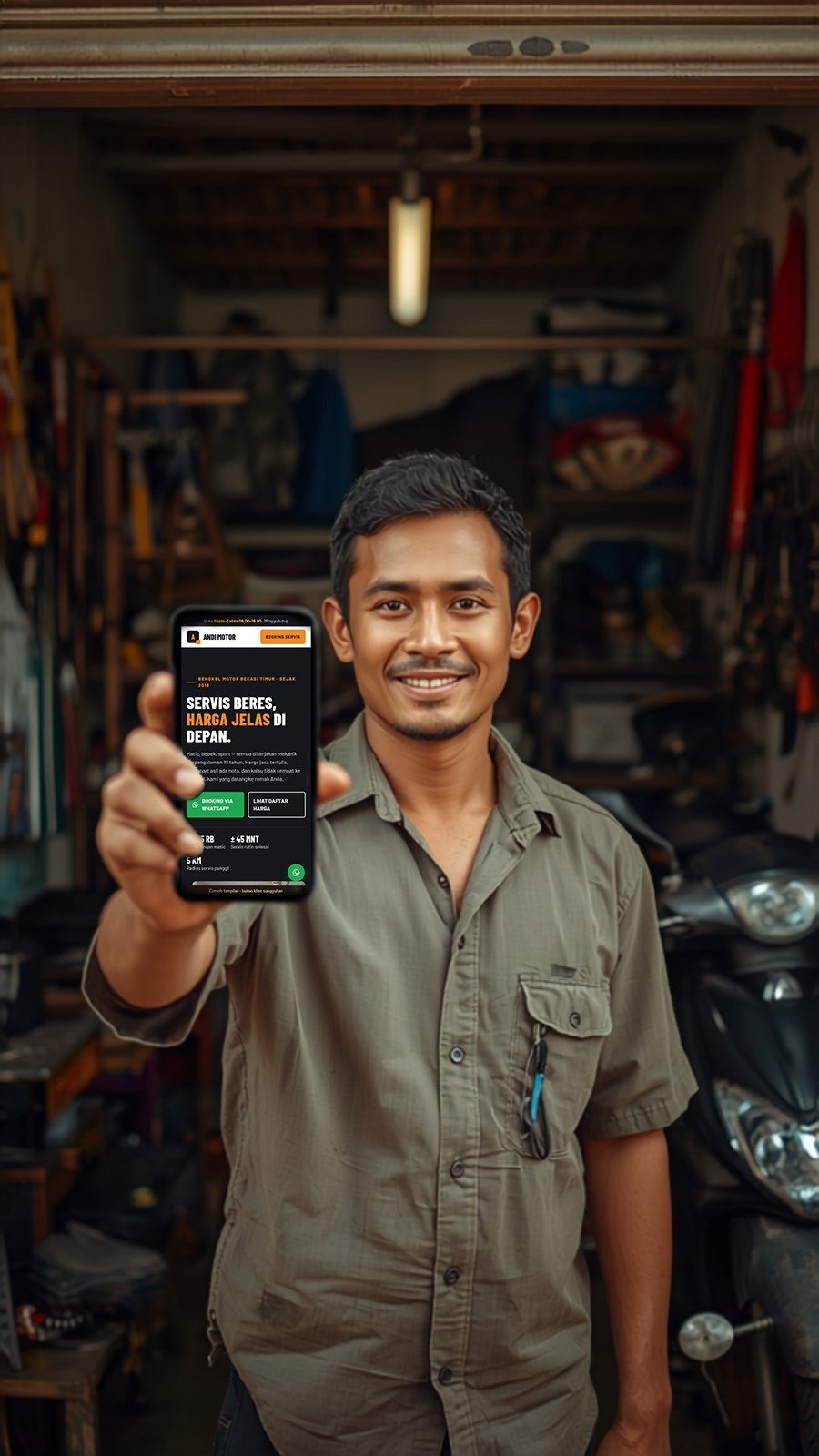 Pemilik bengkel motor memegang HP — contoh tampilan hero slide 3