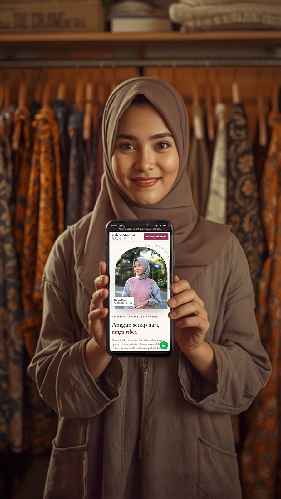 Pemilik usaha fashion rumahan memegang HP menampilkan tokonya sendiri, tersenyum — contoh tampilan hero