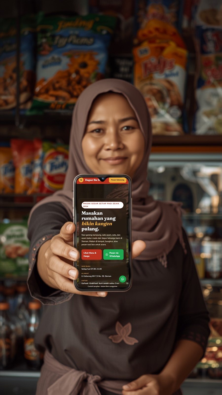 Pemilik warung/kios memegang HP — contoh tampilan hero slide 2