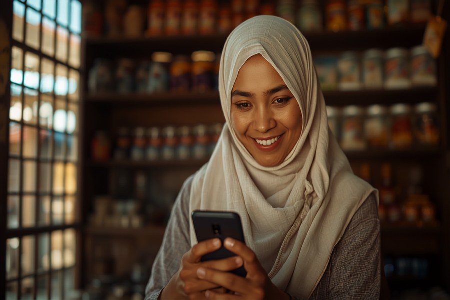 Tangan memegang HP menampilkan notifikasi pesan masuk, suasana ramai